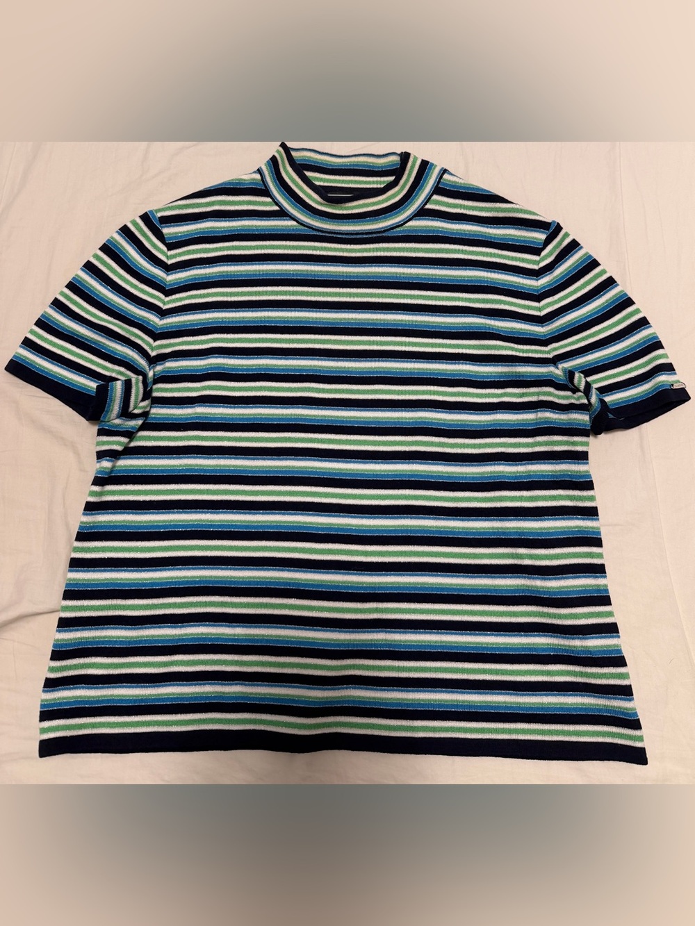 St. John Sport by Marie Gray Striped Mock-neck - Navy, Blue & Green Blouse L